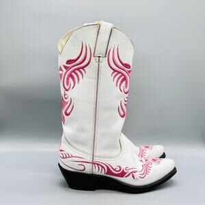 Durango Boots Womens 7 White Pink Leather Western Cowboy Emo Cowgirl Pull On Vtg